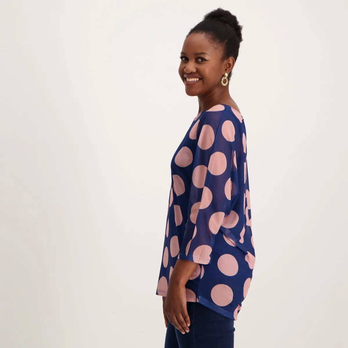 Ladies Spot Mesh Top - Pink/Navy