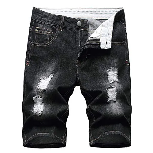 LAMKUKU Men’s Denim Shorts for Men Ripped Short Jeans Summer (32,Black)