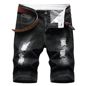 LAMKUKU Men’s Denim Shorts for Men Ripped Short Jeans Summer (32,Black)