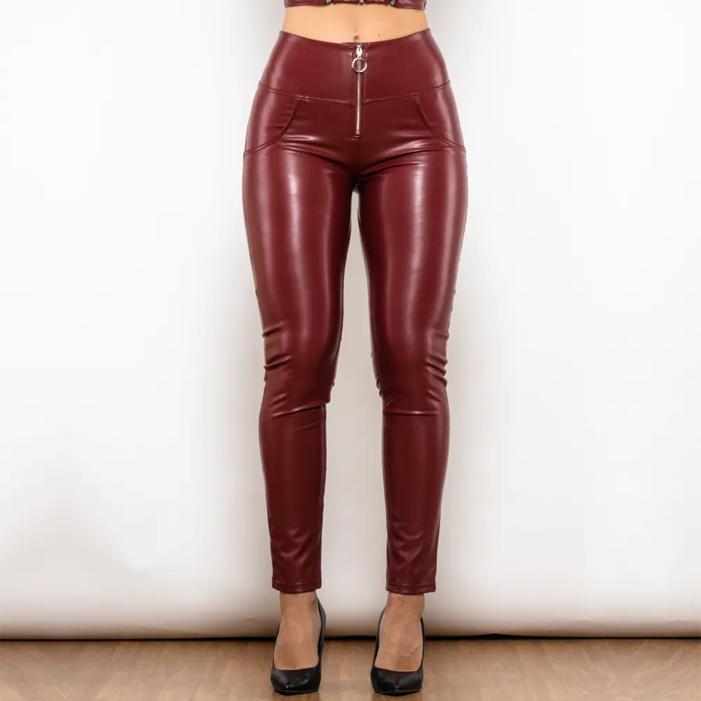 Leather High-Waisted Skinny Trousers for Women - Burgundy Leather Pants