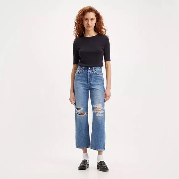 Levi's Ribcage Straight Ankle Jeans Size 24 Button fly distressed