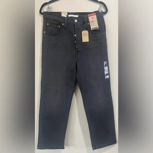 LEVI'S Women's 30 Ribcage Straight Ankle Jeans Black Super High Rise Button Fly