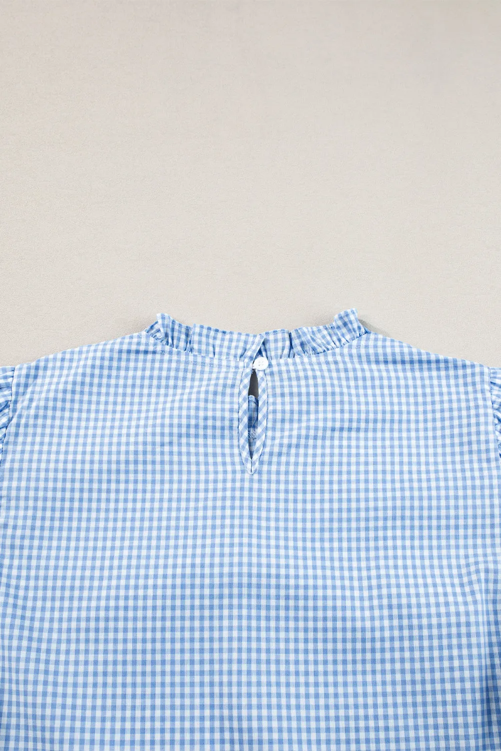 Light Blue Gingham Floral Embroidered Puff Sleeve Blouse
