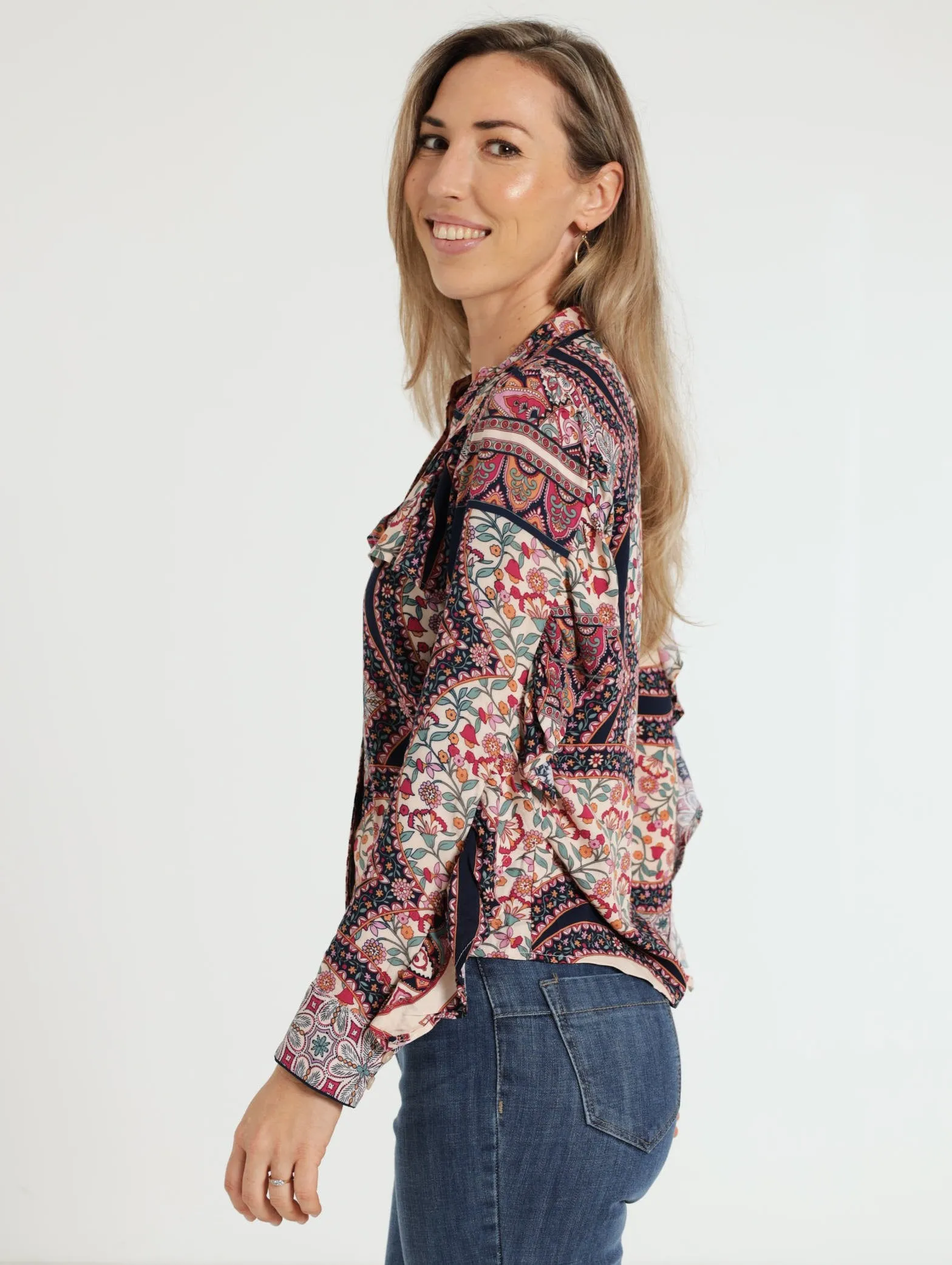 Long Sleeve Ruffle Button Through Blouse