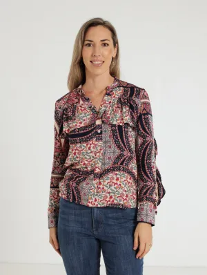 Long Sleeve Ruffle Button Through Blouse
