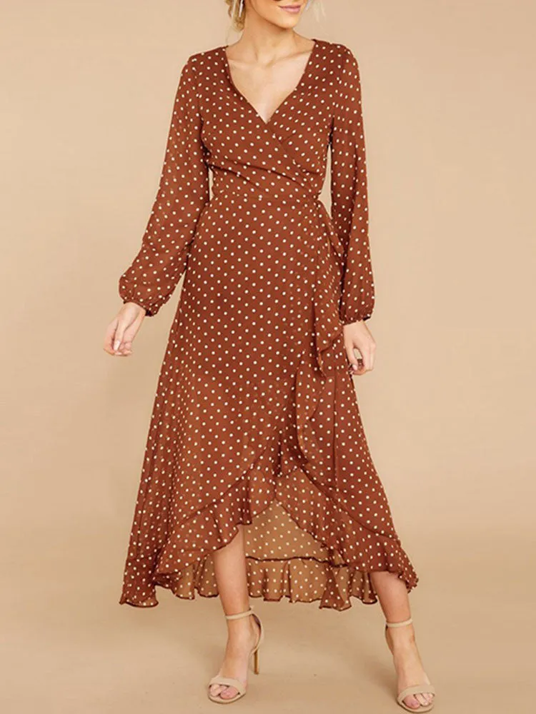 Long-sleeved Polka-dot Ruffled Split Skirt Dress Maxi Skirt