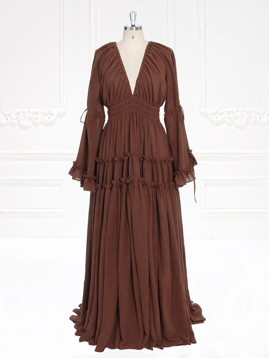 Long Sleeves Cotton Woman Maxi Dresses Side Slit Photo Shoot Dress YEWEN YW231092