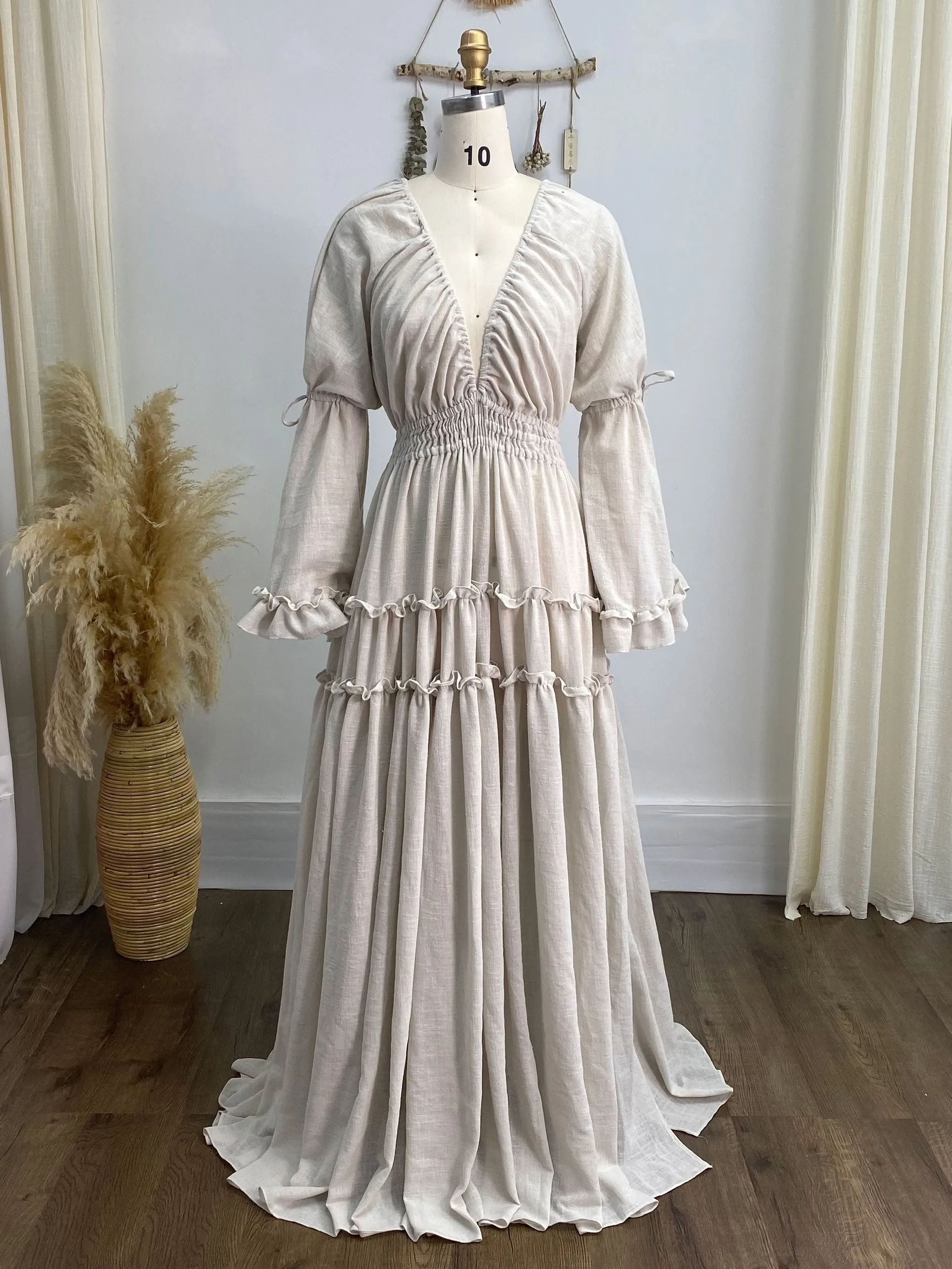 Long Sleeves Cotton Woman Maxi Dresses Side Slit Photo Shoot Dress YEWEN YW231092