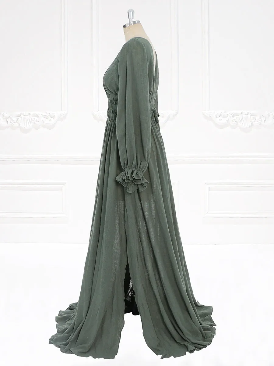 Long Sleeves Elastic Waist Boho Beach Dress Side Slit Woman Photo Shoot Dresses YW221118-1