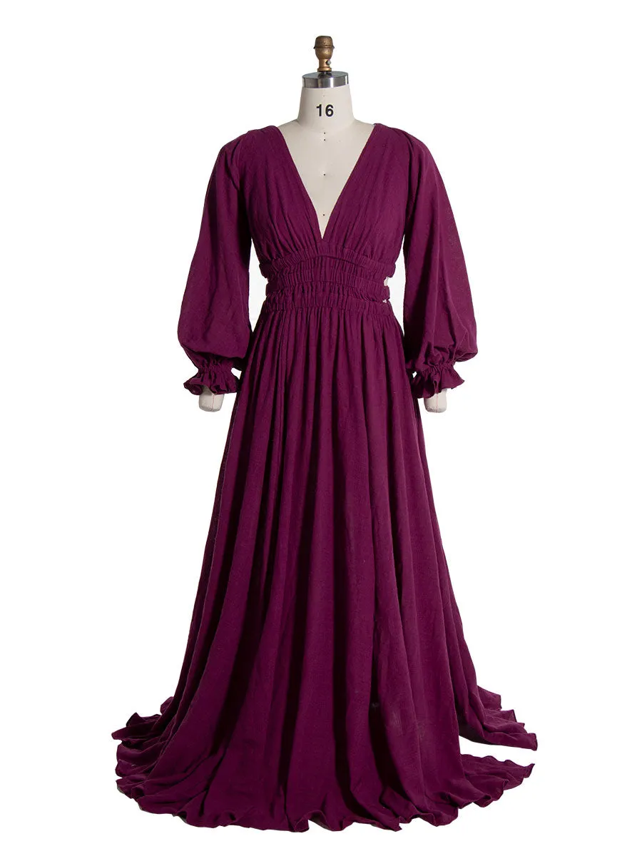Long Sleeves Elastic Waist Boho Beach Dress Side Slit Woman Photo Shoot Dresses YW221118-1