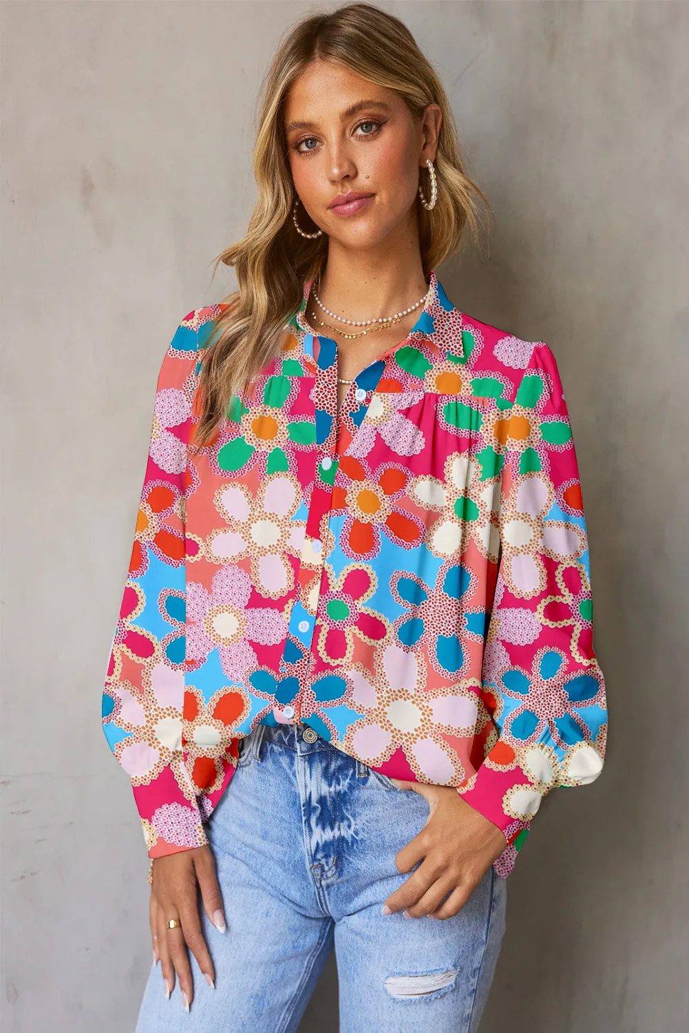 Lylah Floral Print Lantern Sleeve Collared Neck Shirt