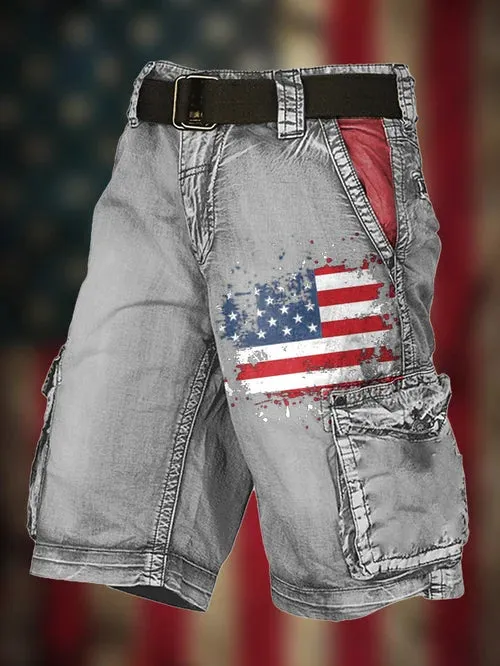 Men's Vintage Flag Independence Day Multi-Pocket Print Cargo Shorts (Belt Not Included)