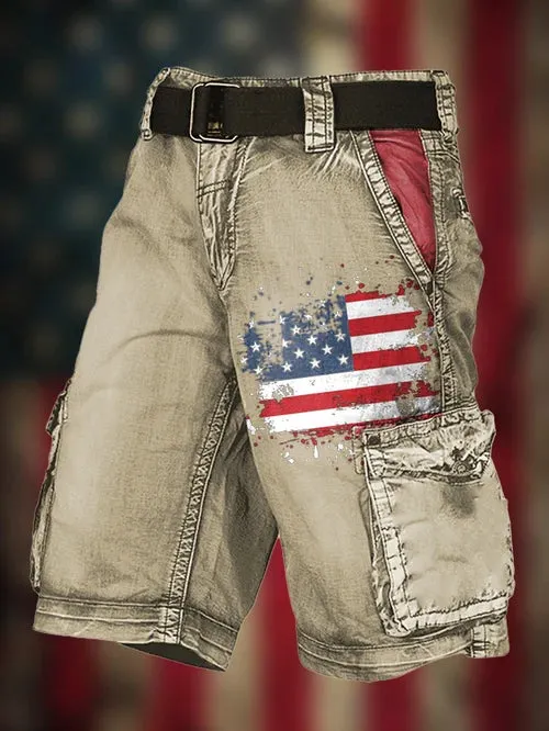 Men's Vintage Flag Independence Day Multi-Pocket Print Cargo Shorts (Belt Not Included)