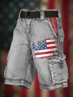 Men's Vintage Flag Independence Day Multi-Pocket Print Cargo Shorts (Belt Not Included)