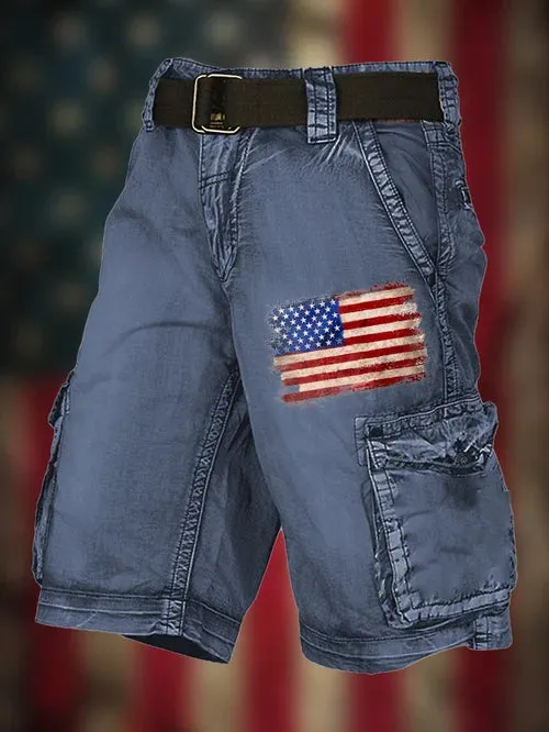 Men's Vintage Flag Independence Day Multi-Pocket Print Cargo Shorts (Belt Not Included)