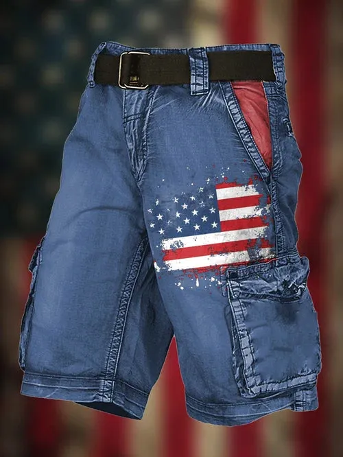 Men's Vintage Flag Independence Day Multi-Pocket Print Cargo Shorts (Belt Not Included)