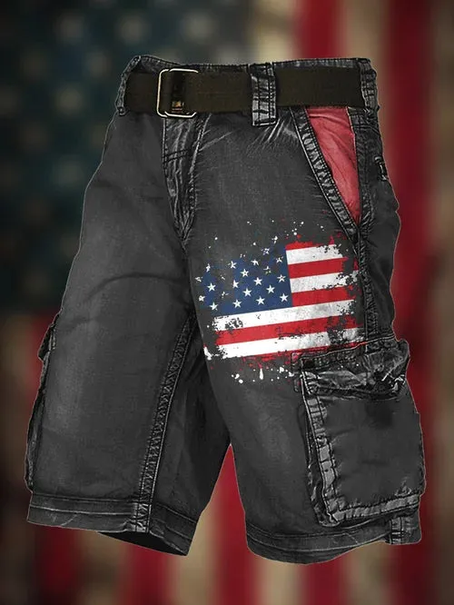 Men's Vintage Flag Independence Day Multi-Pocket Print Cargo Shorts (Belt Not Included)