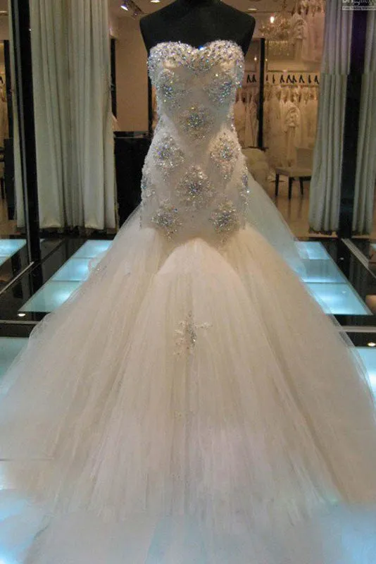 Mermaid Sleeveless Sweetheart Court Train Beading Tulle Wedding Dresses-715446