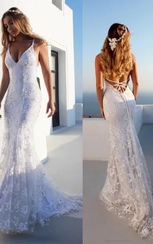 Mermaid Spaghetti Lace Simple Wedding Dress Sexy Bohemian Elegant Beach With Deep-V Back And Sleevesless Appliques-716749
