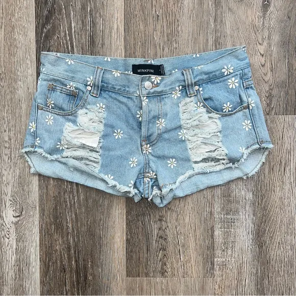MINKPINK Sugar daisy print distressed denim shorts