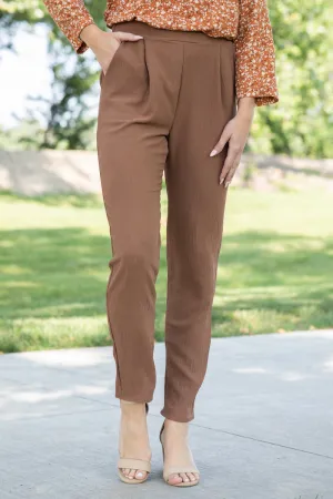 Mocha Pull On Pants With Front Pleats