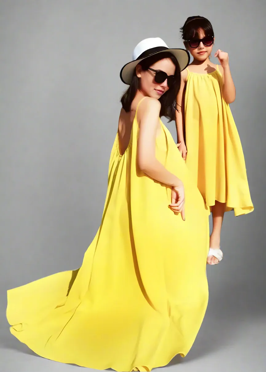 Mommy and Me Matching Yellow Sleeveless Maxi Dress  Vibrant Summer Beach Dress for Mother & Daughter
