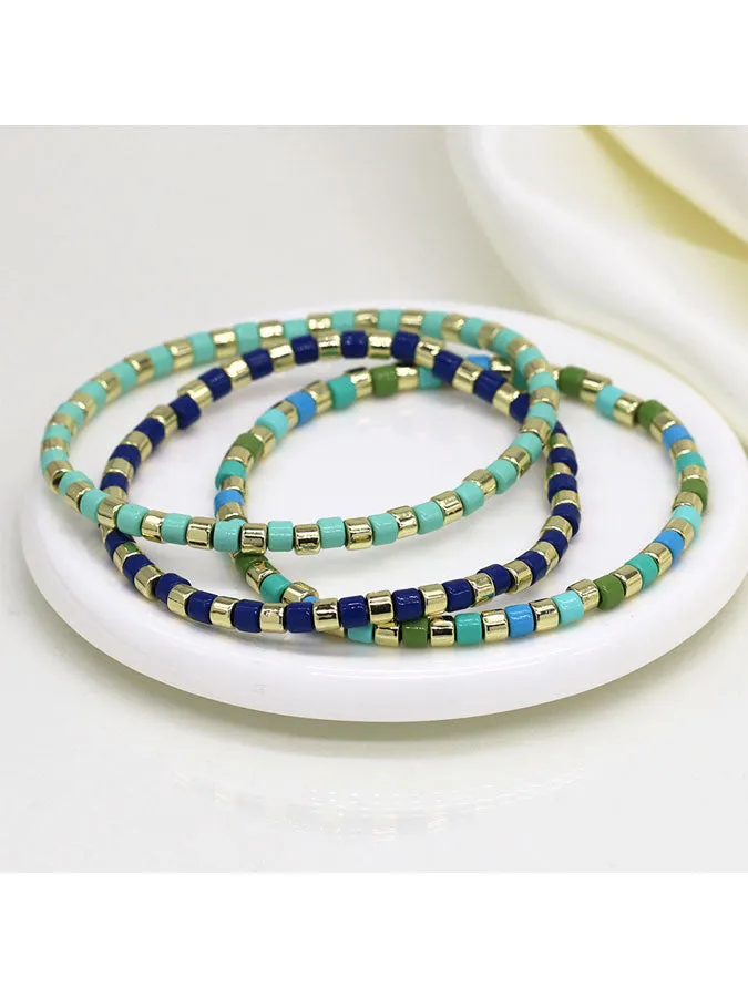 Multi Green Three Beaded Bracelet Set