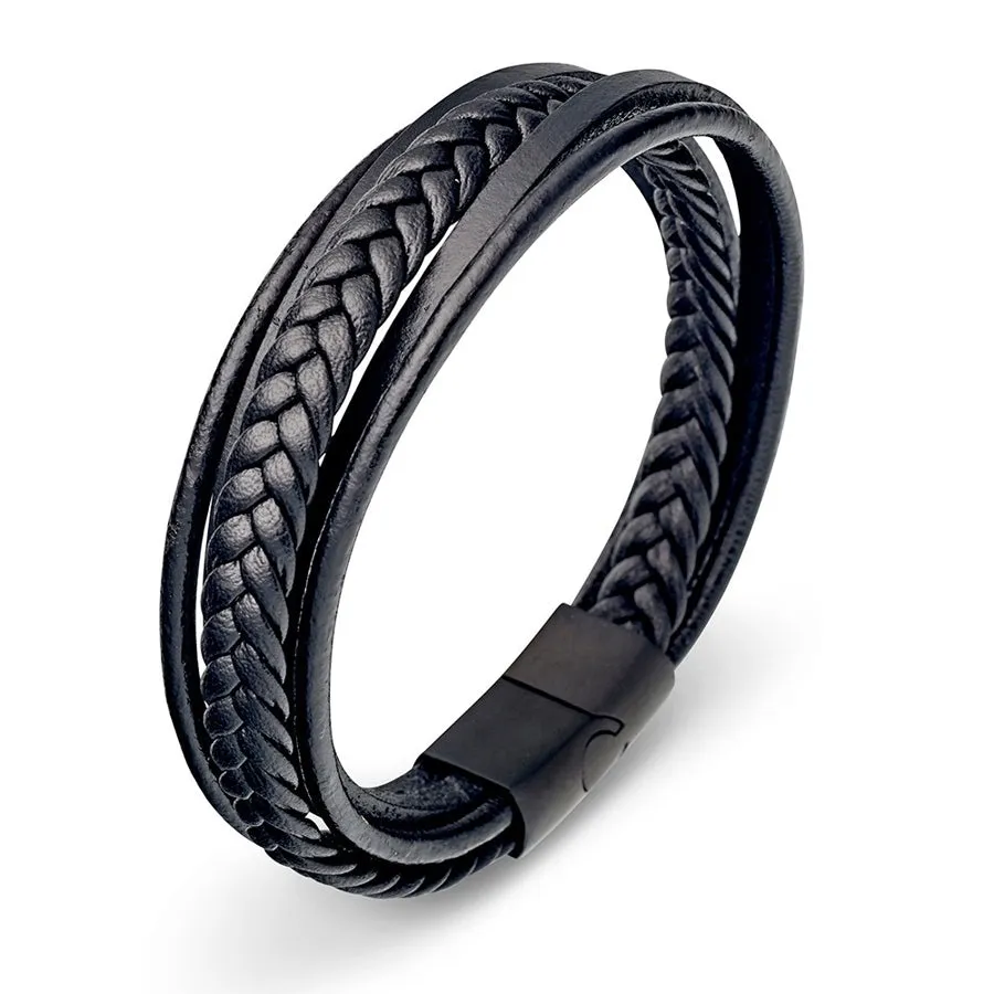 Multi strand leather black stainless steel bracelet