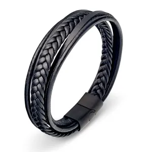 Multi strand leather black stainless steel bracelet
