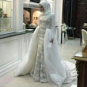 muslim wedding dress with detachable train lace appliqué elegant long sleeve wedding gown 2021
