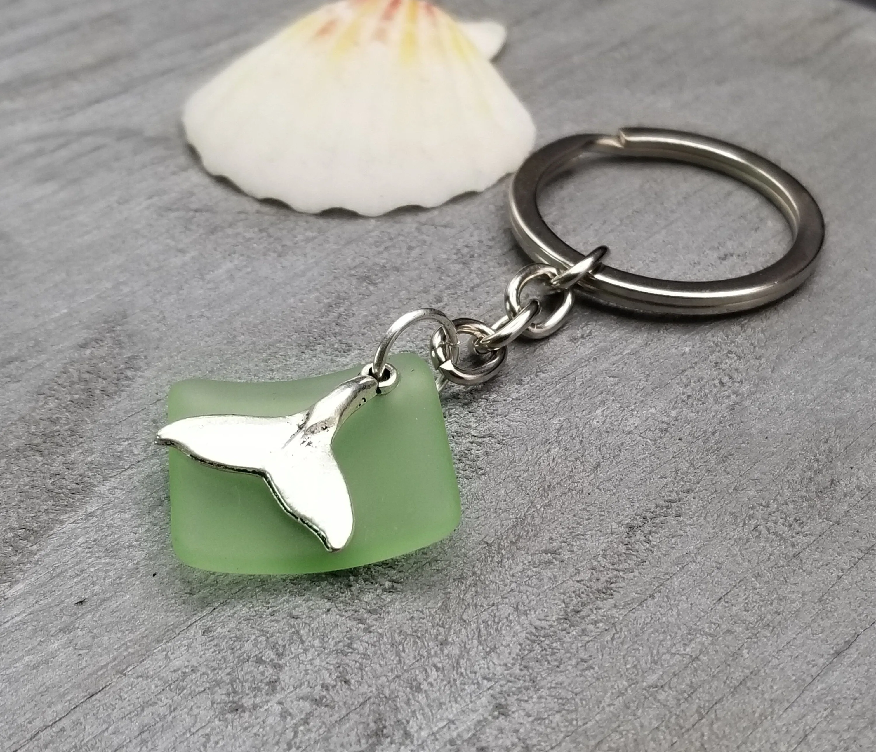 NEW Hawaiian Jewelry Sea Glass Jewelry, Sea Glass  Keychain Unisex Gift, For Men or Women, Peridot Color and Whale Tail Charm