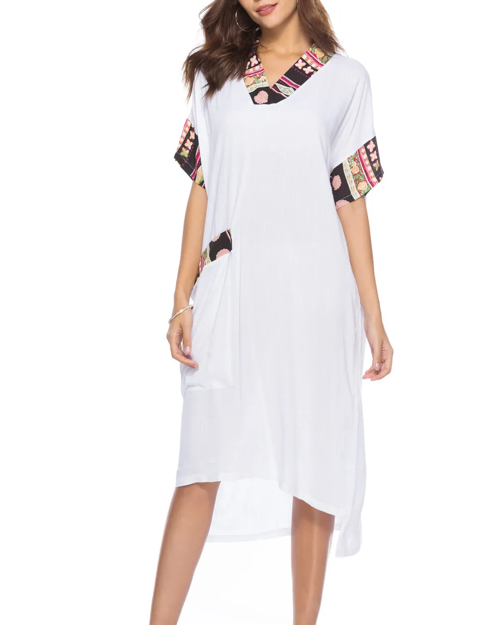 New Solid Color Causal Splicing Midi Dress
