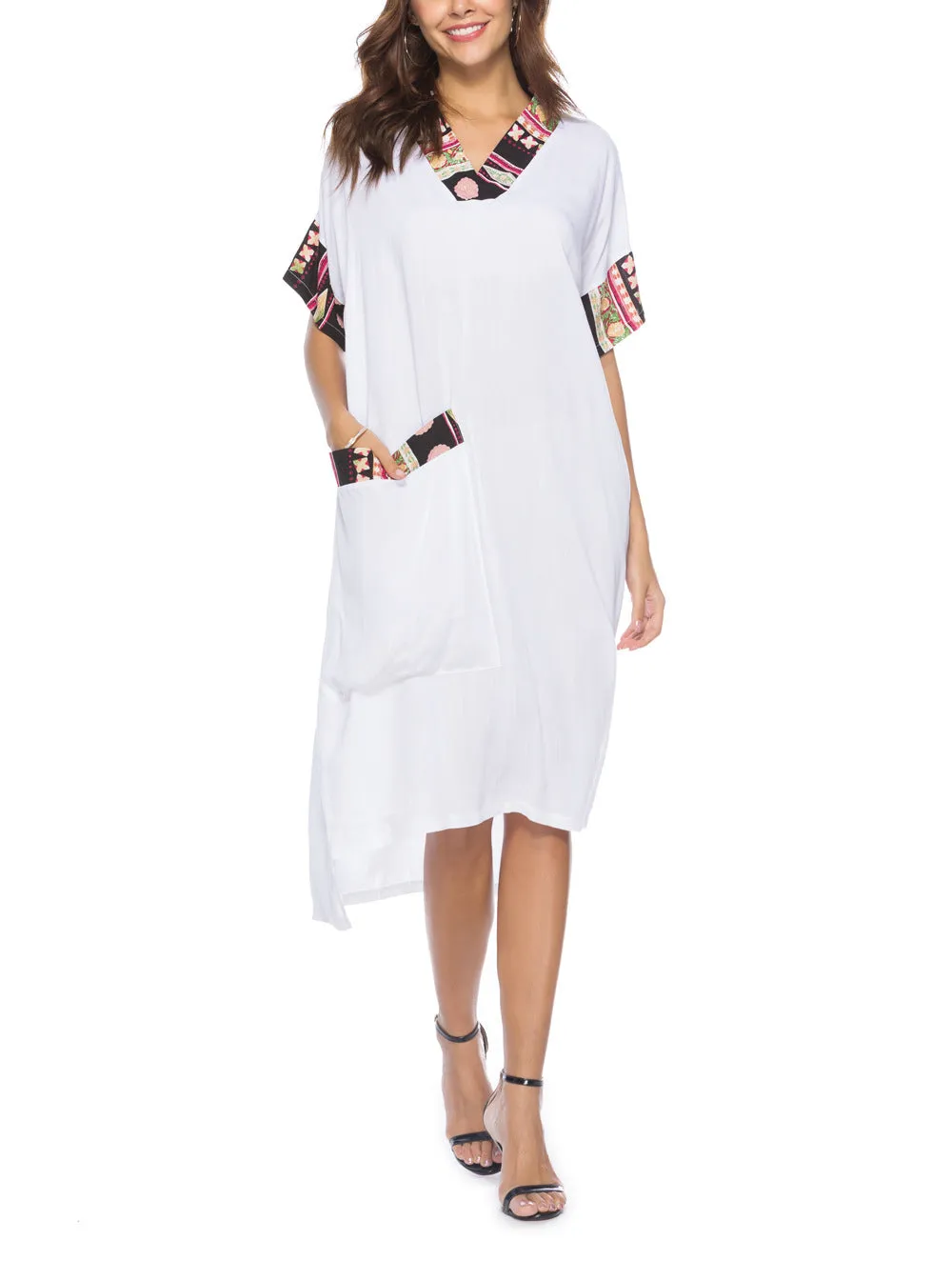 New Solid Color Causal Splicing Midi Dress