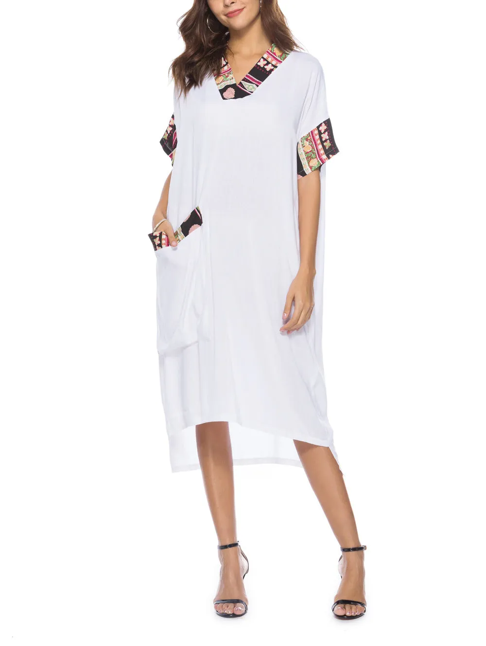 New Solid Color Causal Splicing Midi Dress