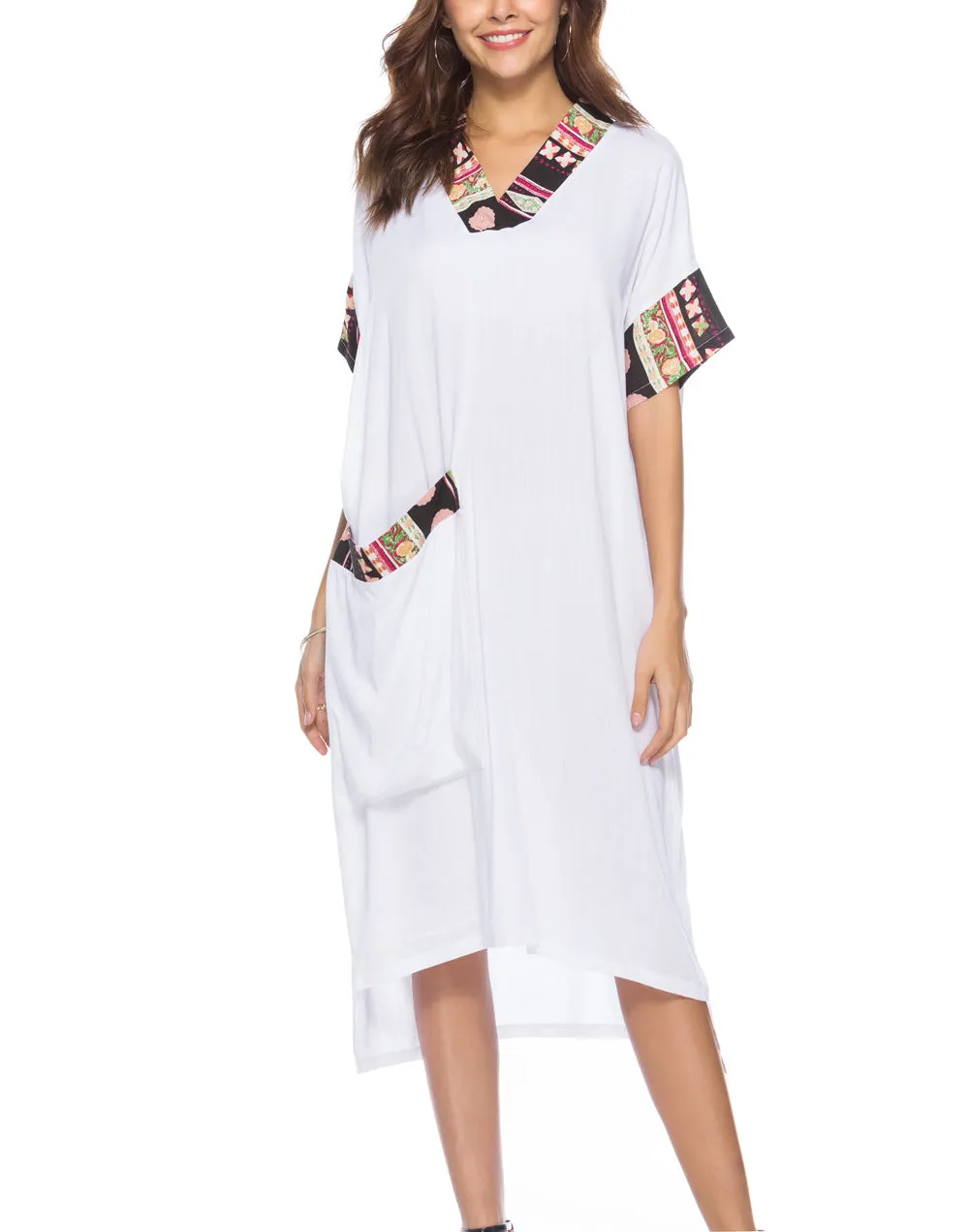 New Solid Color Causal Splicing Midi Dress