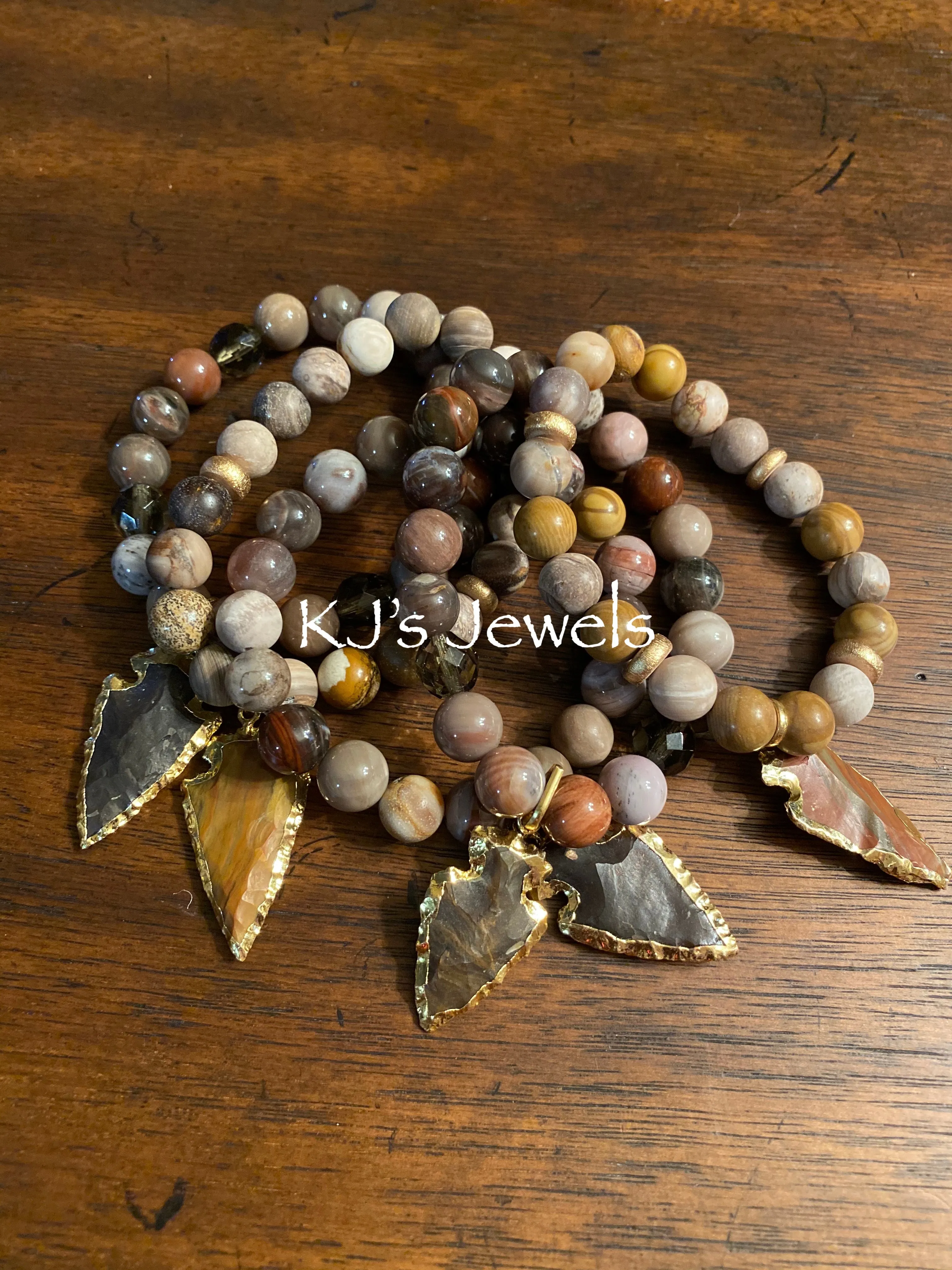 Ocean Jasper Gemstone Stretch Bracelet with Arrowhead Charm