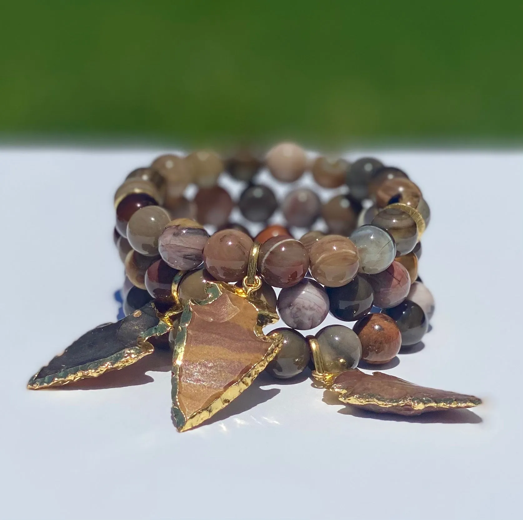 Ocean Jasper Gemstone Stretch Bracelet with Arrowhead Charm