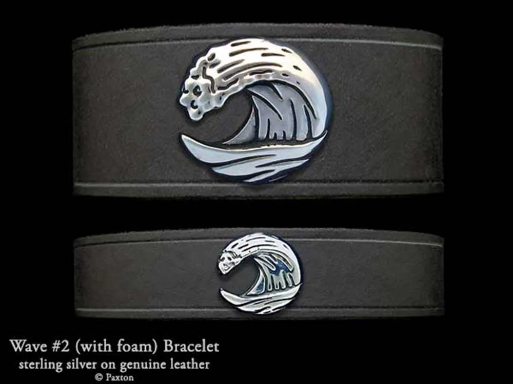 Ocean Wave Bracelet Sterling Silver on Genuine Leather