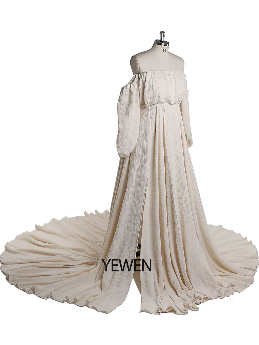 Off Shoulder Cotton Evening Dresses Long Sleeves Side Slit Photo Shoot Dresses for Baby Shower Photography Props YEWEN YW220214