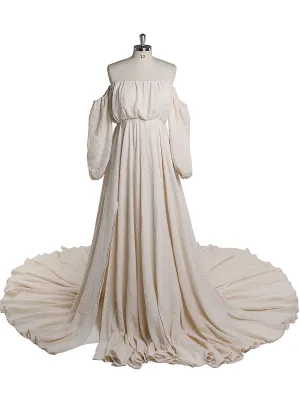 Off Shoulder Cotton Evening Dresses Long Sleeves Side Slit Photo Shoot Dresses for Baby Shower Photography Props YEWEN YW220214