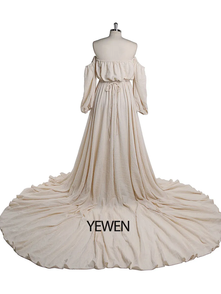 Off Shoulder Cotton Evening Dresses Long Sleeves Side Slit Photo Shoot Dresses for Baby Shower Photography Props YEWEN YW220214
