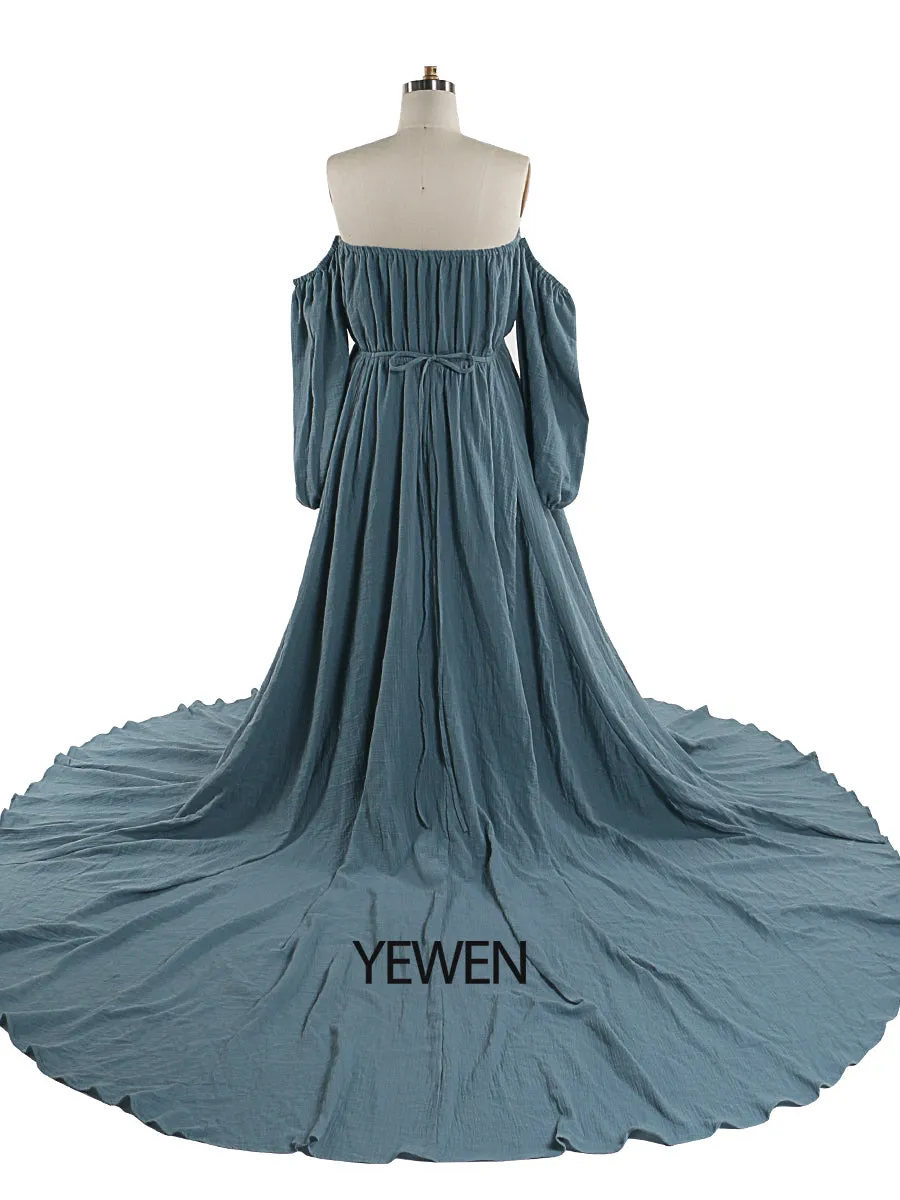 Off Shoulder Cotton Evening Dresses Long Sleeves Side Slit Photo Shoot Dresses for Baby Shower Photography Props YEWEN YW220214