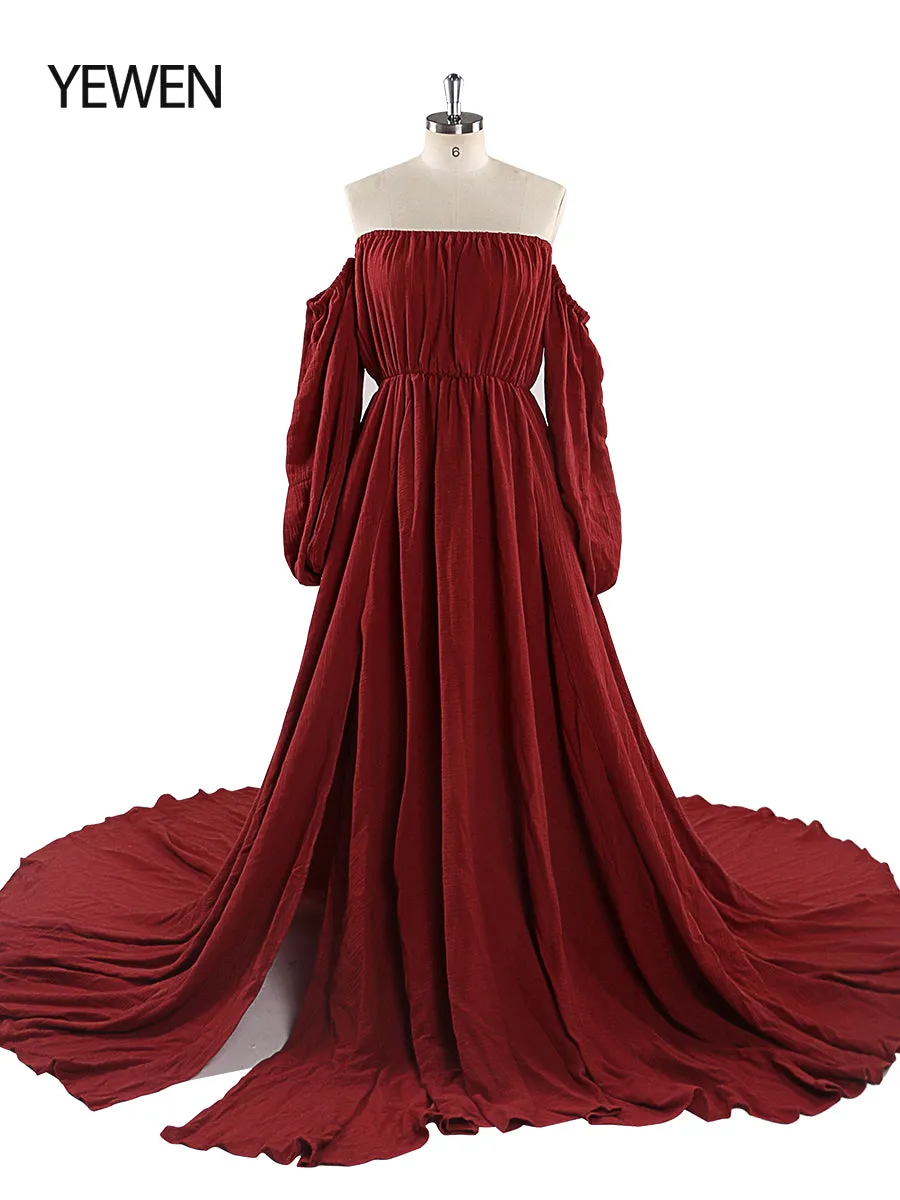 Off Shoulder Cotton Evening Dresses Long Sleeves Side Slit Photo Shoot Dresses for Baby Shower Photography Props YEWEN YW220214