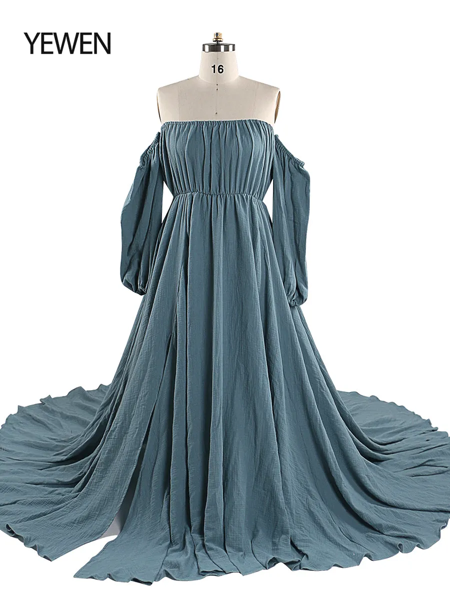 Off Shoulder Cotton Evening Dresses Long Sleeves Side Slit Photo Shoot Dresses for Baby Shower Photography Props YEWEN YW220214