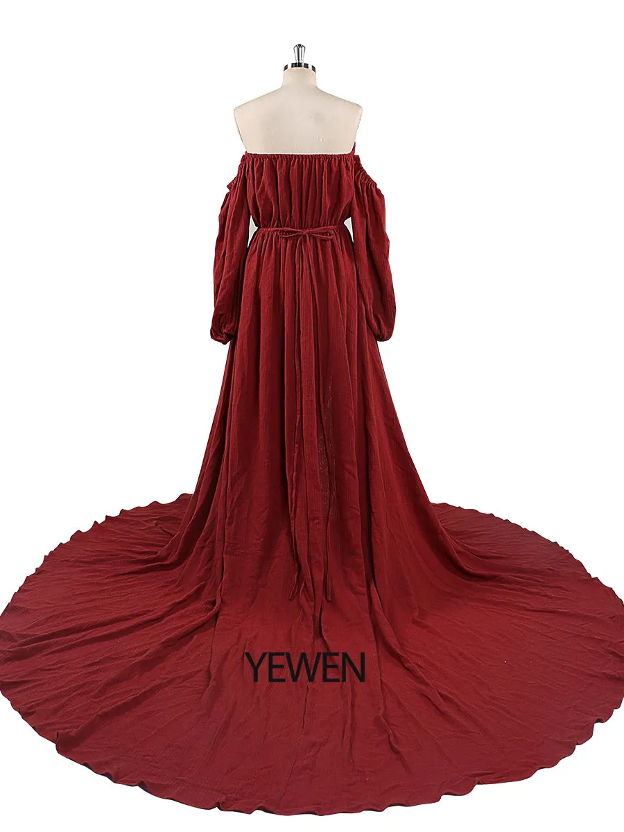 Off Shoulder Cotton Evening Dresses Long Sleeves Side Slit Photo Shoot Dresses for Baby Shower Photography Props YEWEN YW220214