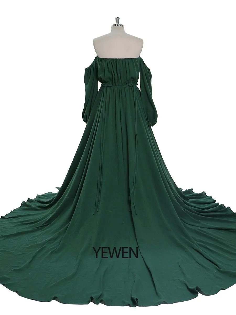 Off Shoulder Cotton Evening Dresses Long Sleeves Side Slit Photo Shoot Dresses for Baby Shower Photography Props YEWEN YW220214