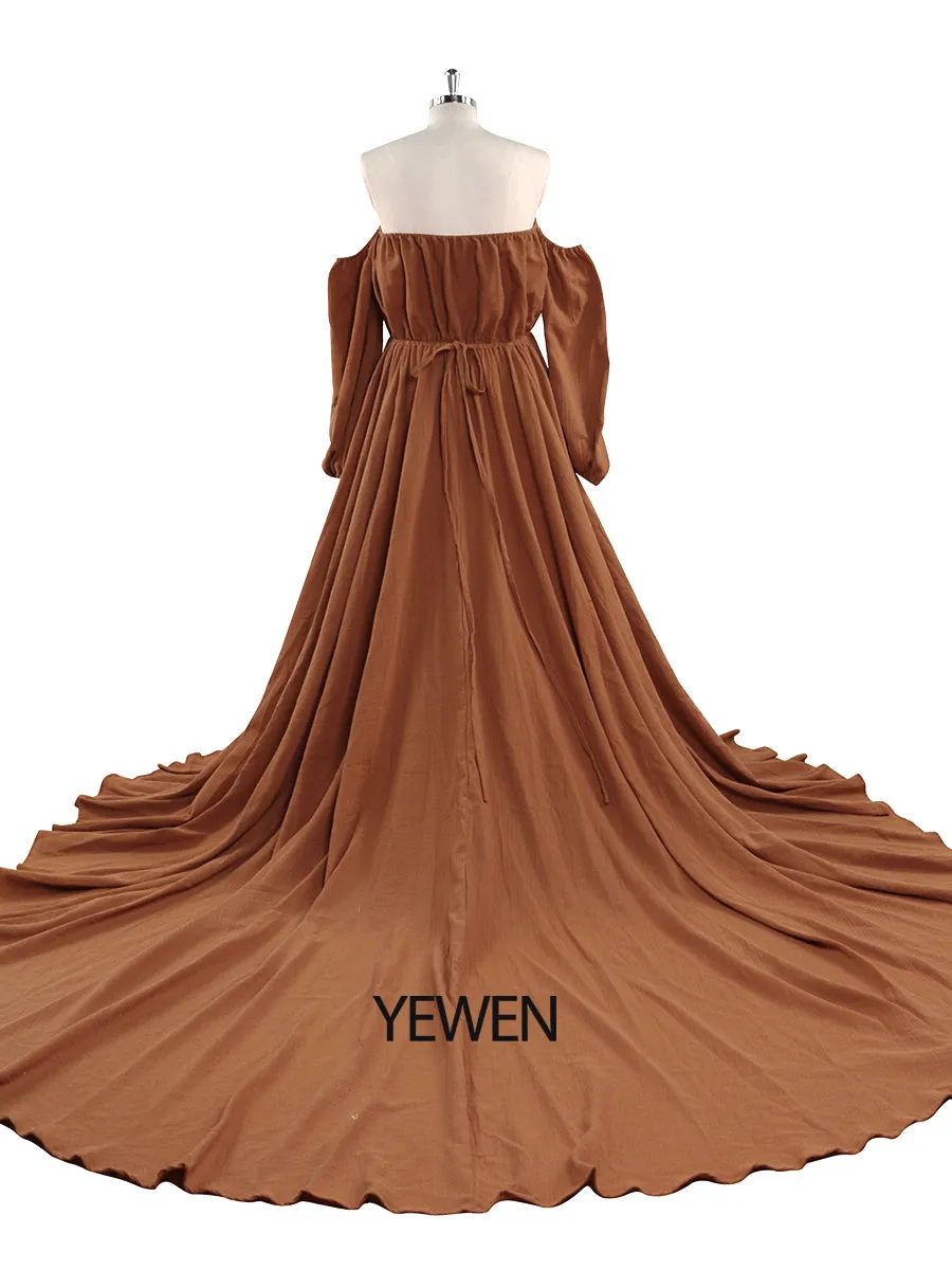 Off Shoulder Cotton Evening Dresses Long Sleeves Side Slit Photo Shoot Dresses for Baby Shower Photography Props YEWEN YW220214