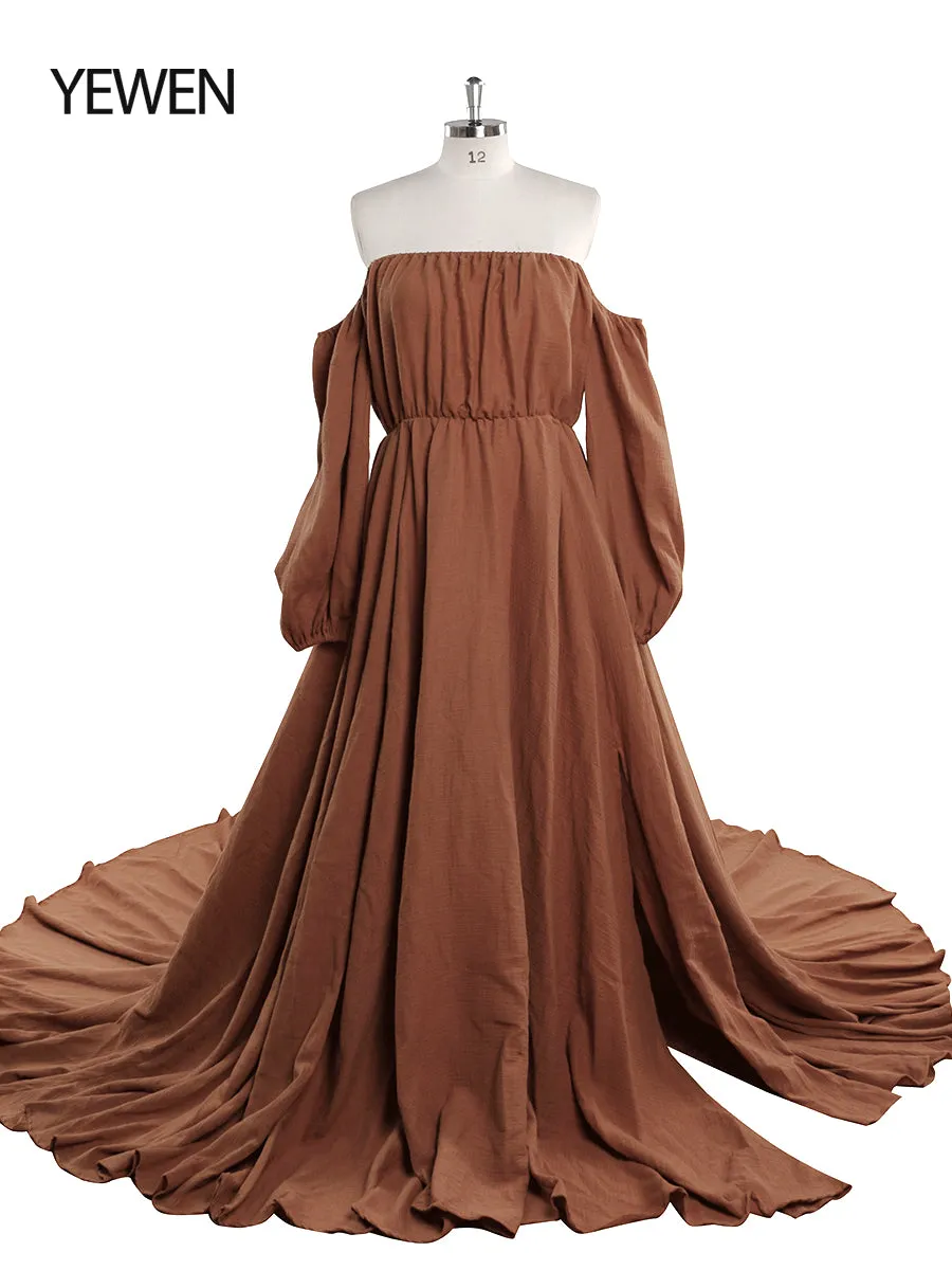 Off Shoulder Cotton Evening Dresses Long Sleeves Side Slit Photo Shoot Dresses for Baby Shower Photography Props YEWEN YW220214