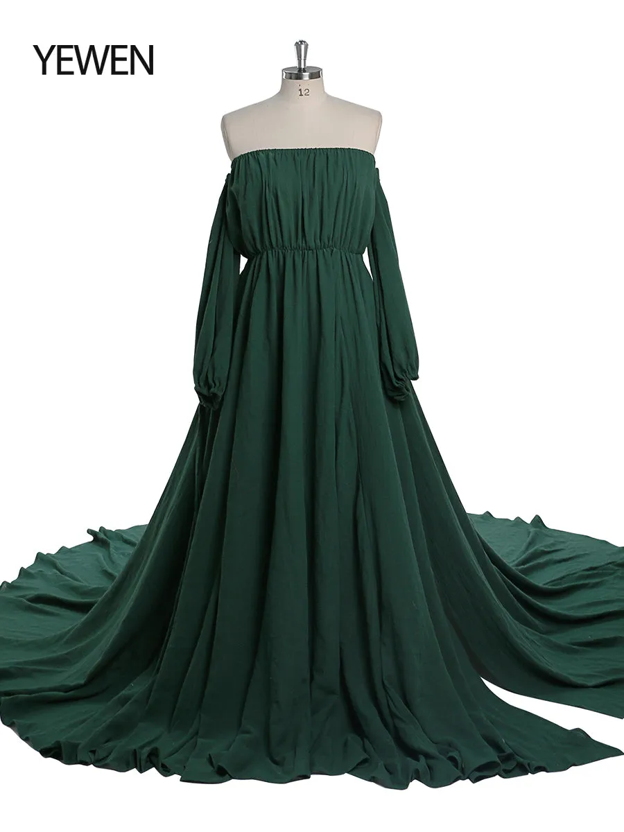 Off Shoulder Cotton Evening Dresses Long Sleeves Side Slit Photo Shoot Dresses for Baby Shower Photography Props YEWEN YW220214