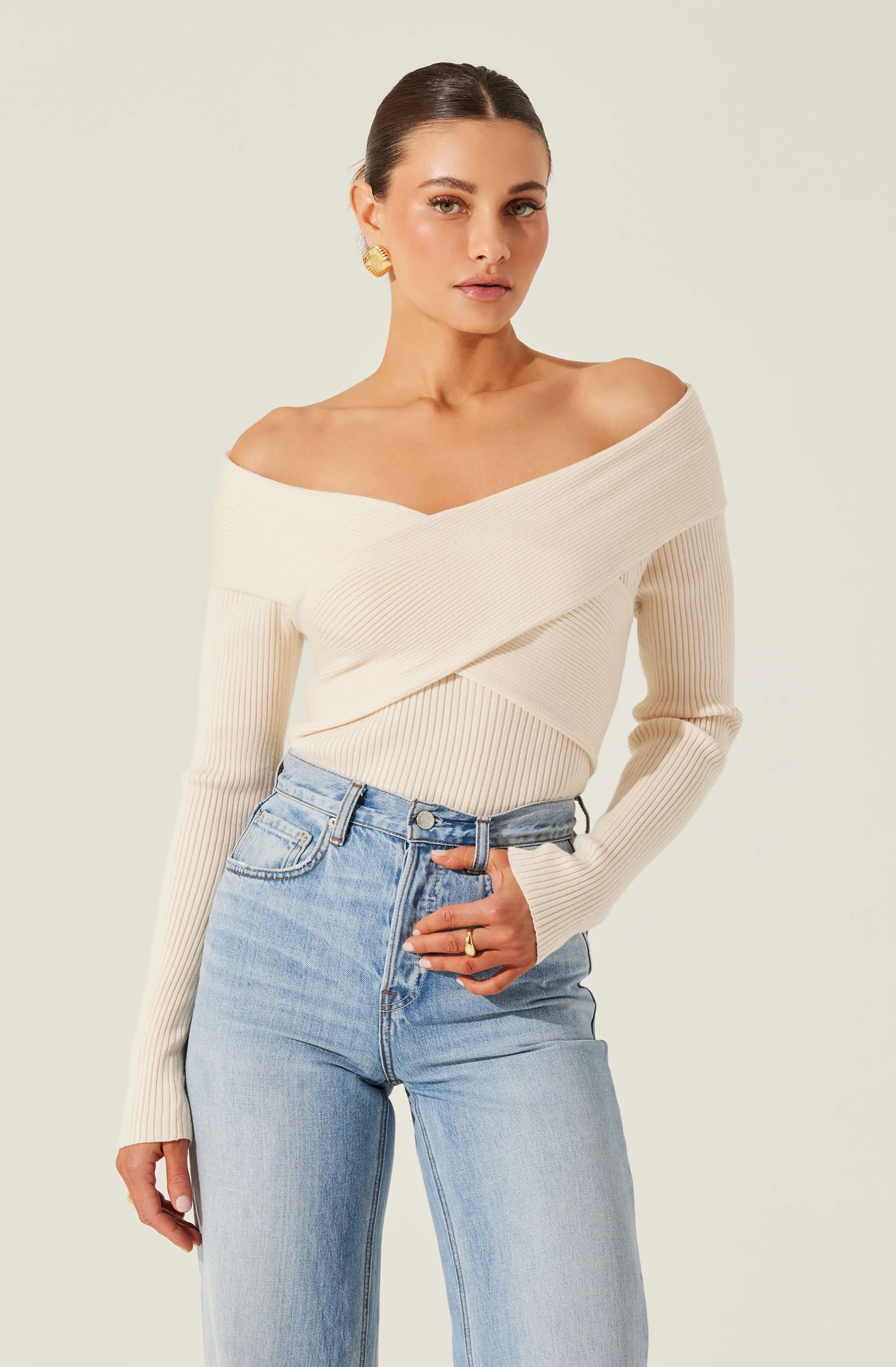 Off Shoulder Crossover Sweater